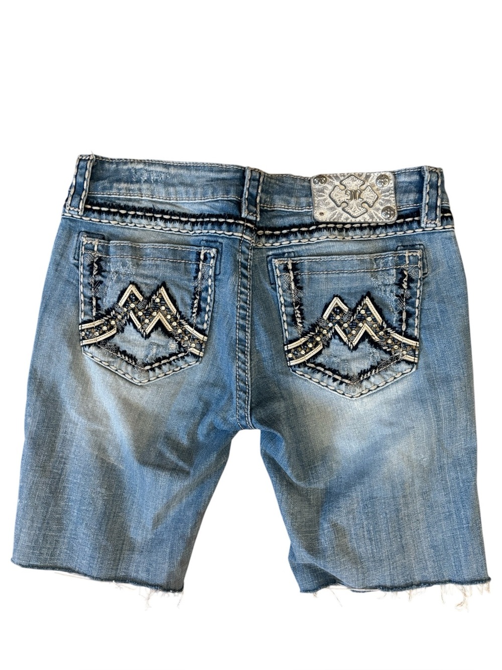 Miss Me Signature Bermuda Blue Denim Crystals Distressed Shorts Size 29